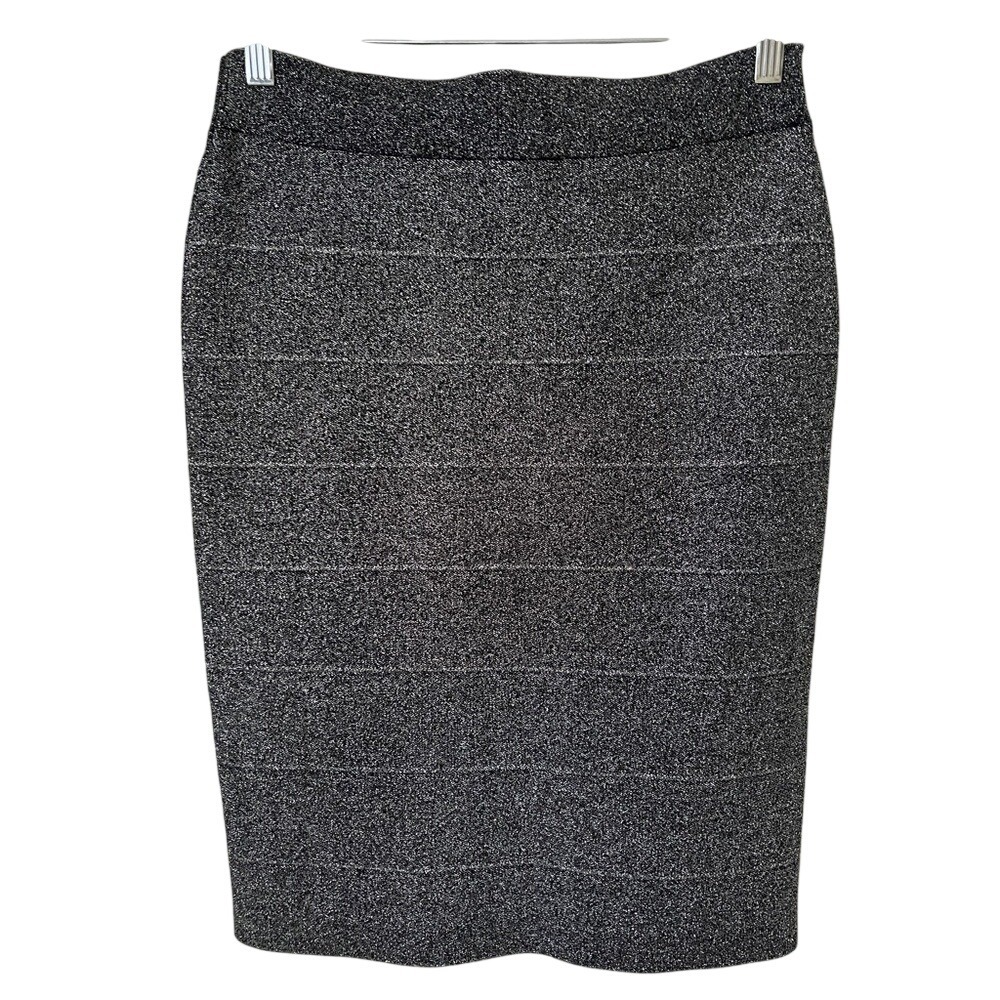 NWT BCBG MaxAzria Scarlett Metalic Silver Stretch Knit Pencil Skirt Sz L
